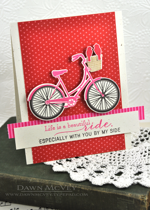 Paper: rustic cream, raspberry fizz &amp; pure poppy pattern packs<br />
Stamps: Pedal Pusher,...
