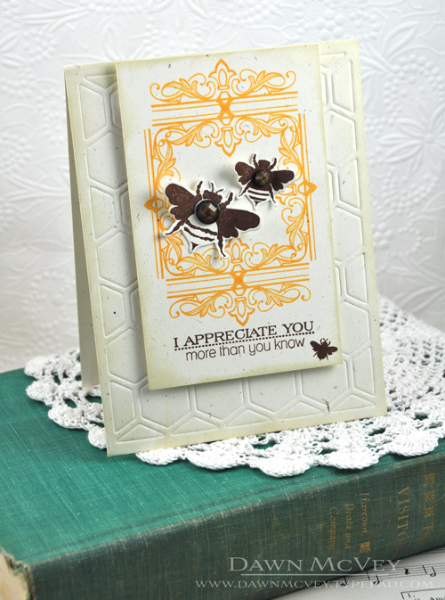 Paper: rustic cream<br />
Stamps: Boutique Borders: Thanks, Honey Bees<br />
Ink: summer...