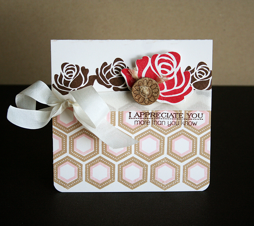 STAMPS: Rosie Posie, Boutique Borders: Thanks<br />
INK: Classic Kraft, Dark Chocolate, Sweet...