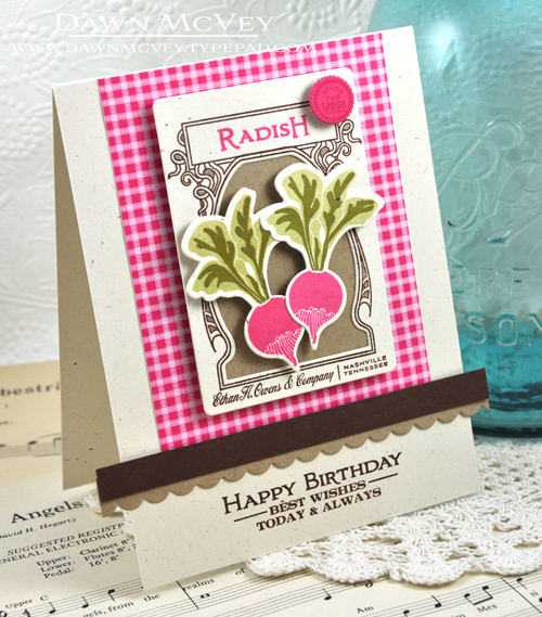 Paper: rustic cream, kraft, dark chocolate, raspberry fizz pattern pack<br />
Stamps: Vegetable...