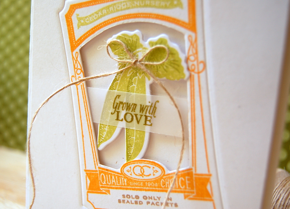 Cardstock: rustic white<br />
Specialty paper: vellum<br />
Stamps: Vegetable Garden, Garden...