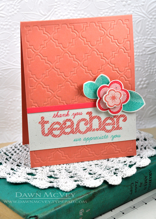 Paper: rustic cream, melon berry, berry sorbet<br />
Stamps: Wonderful Words: Teacher, Ruby...