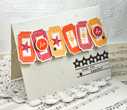 Paper: rustic cream, dark chocolate<br />
Stamps: Teacher Tickets<br />
Ink: pure poppy,...