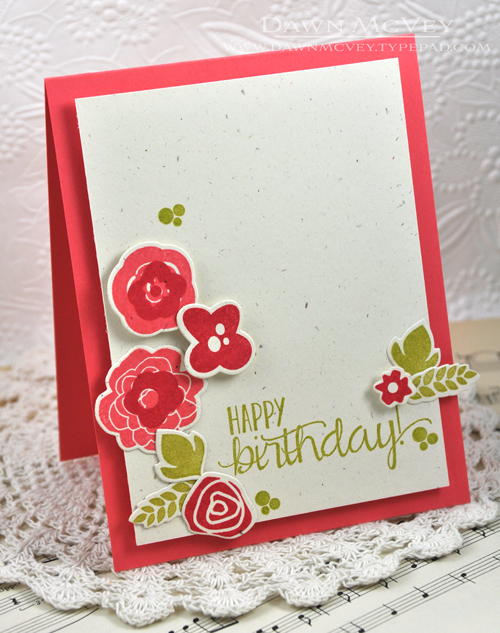 Paper: rustic cream, berry sorbet<br />
Stamps: Bigger Blooms<br />
Ink: pure poppy, berry...