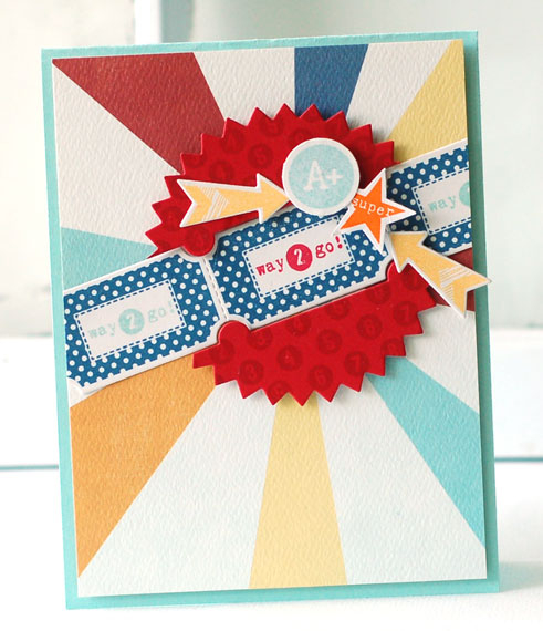 stamps:  teacher tickets, sketched shapes<br />
ink:  Pure Poppy, enchanted evening, aqua mist,...