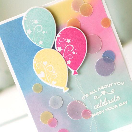 Stamps:  Balloon Bash<br />
Ink:  Blueberry Sky, Winter Wisteria, Aqua Mist, Hibiscus Burst,...