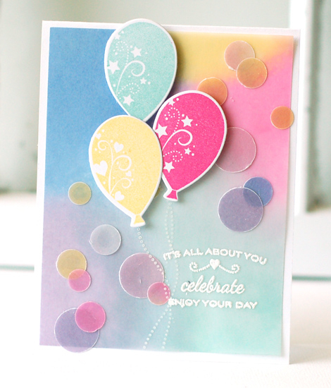 Stamps:  Balloon Bash<br />
Ink:  Blueberry Sky, Winter Wisteria, Aqua Mist, Hibiscus Burst,...