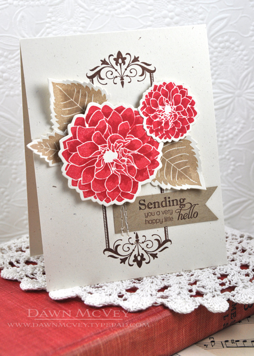 Paper: rustic cream, kraft<br />
Stamps: Delightful Dahlia Additions, Boutique Borders: Love<br...