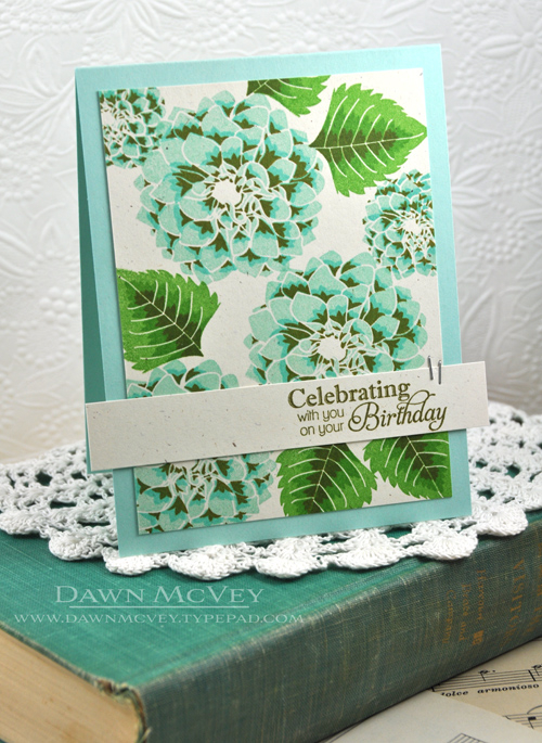 Paper: rustic cream, aqua mist<br />
Stamps: Delightful Dahlia Additions<br />
Ink: aqua mist,...