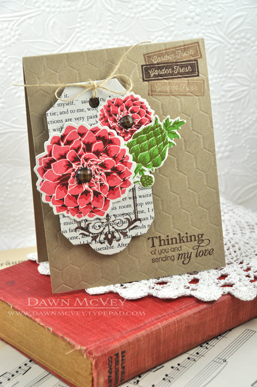 Paper: rustic cream, kraft, vintage book print<br />
Stamps: Delightful Dahlia Additions,...