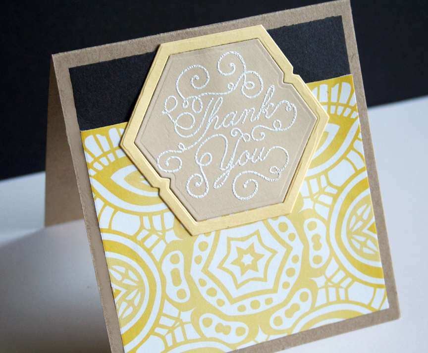 STAMPS: Scrolling Script<br />
INK: Fresh Snow<br />
PAPER: Smokey Shadow, Harvest Gold and...