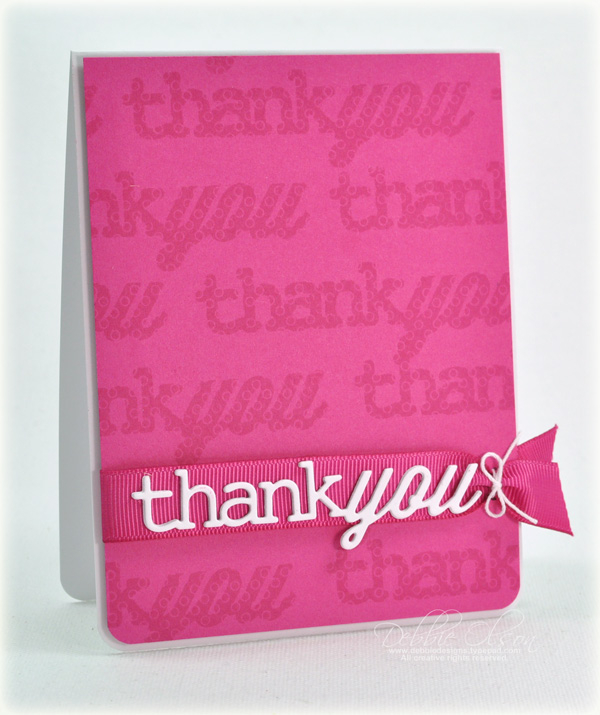 Stamps: Wonderful Words: Thank You<br />
Cardstock: Raspberry Fizz, Stampers Select White<br />...
