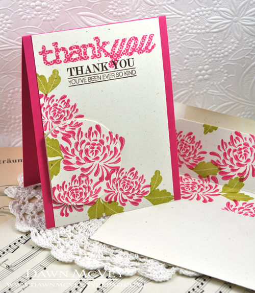 Paper: rustic cream, raspberry fizz<br />
Stamps: Mum&#039;s the Word, Wonderful Words: thank...