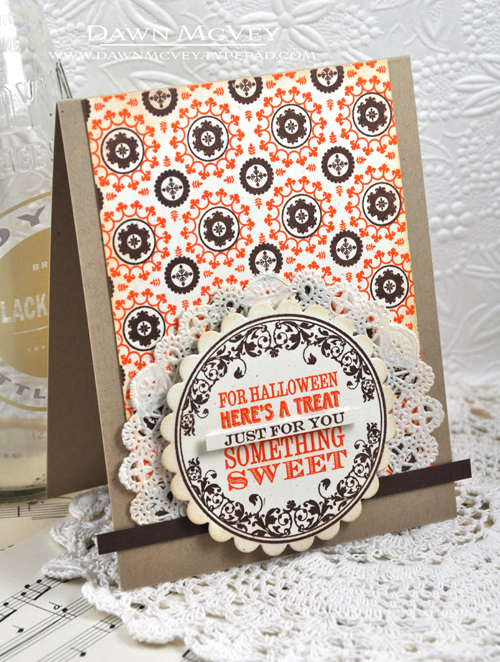 Paper: rustic cream, kraft, dark chocolate<br />
Stamps: Trick or Treat, Background Basics:...