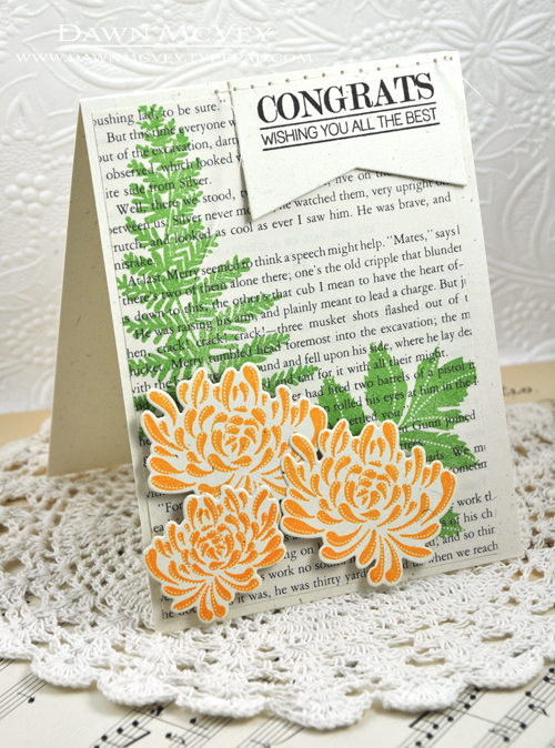Paper: rustic cream, vintage book print<br />
Stamps: Mum&#039;s the Word, Meadow Greens<br />...