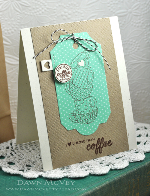 Paper: rustic cream, kraft, aqua mist pattern pack<br />
Stamps: Latte Love<br />
Ink: dark...