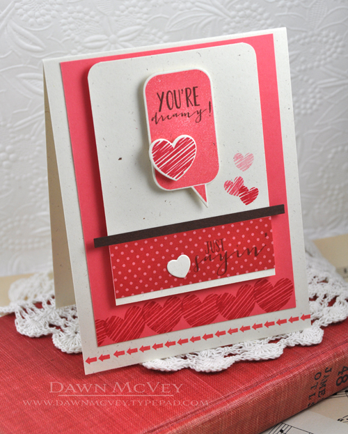 Paper: rustic cream, berry sorbet, dark chocolate, pure poppy pattern pack<br />
Stamps: Bubble...