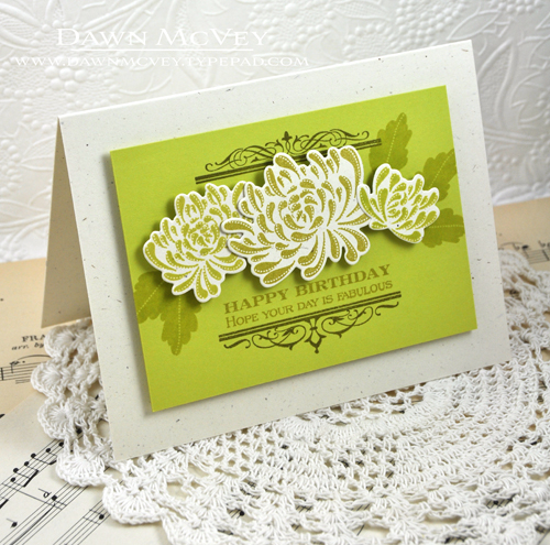 Paper: rustic cream, simply chartreuse<br />
Stamps: Mum&#039;s the Word, Boutique Borders:...