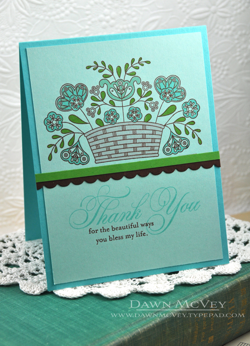 Paper: aqua mist, hawaiian shores, new leaf, dark chocolate<br />
Stamps: Basket of...