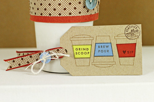Cozy<br />
Dies: Coffee Cozy Collection<br />
Felt: Terracotta Tile<br />
Buttons: Limeade...