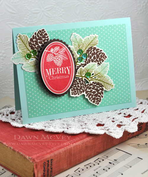 Paper: rustic cream, dark chocolate, aqua mist, aqua mist bitty dot<br />
Stamps: 2013 Holiday...
