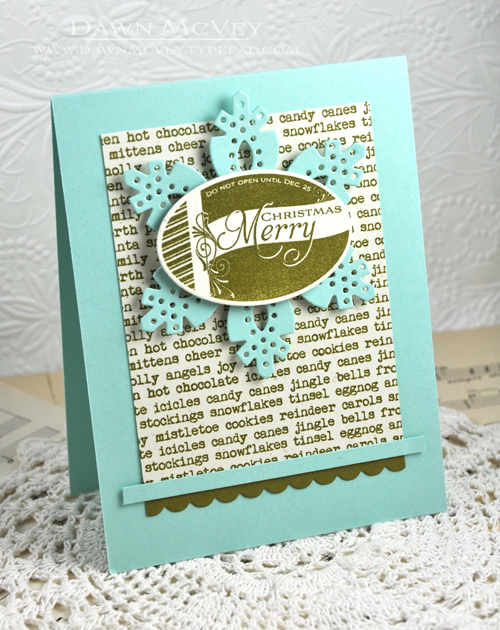 Paper: rustic cream, aqua mist, ripe avocado<br />
Stamps: 2013 Holiday Tags, Background...