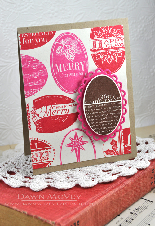 Paper: rustic cream, kraft, raspberry fizz<br />
Stamps: 2013 Holiday Tags<br />
Ink: dark...
