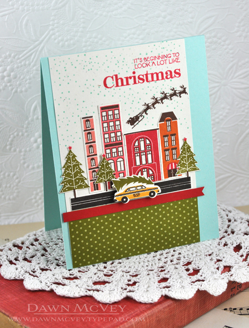 Paper: rustic cream, pure poppy, aqua mist, ripe avocado bitty dot<br />
Stamps: City Scene,...