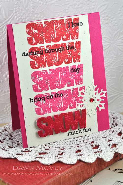 Paper: rustic cream, raspberry fizz<br />
Stamps: Wonderful Words: Snow<br />
Ink: pure poppy,...