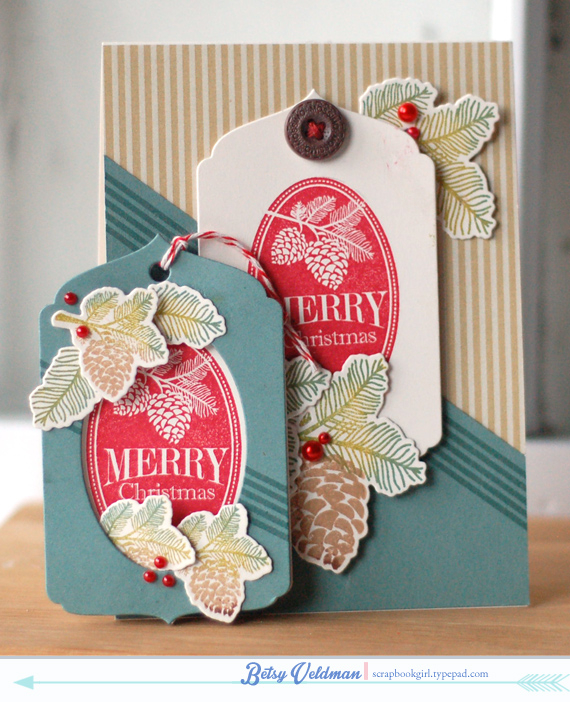 Stamps:  2013 Holiday Tags, Peaceful Pine Cones, BB: Super Stripes<br />
ink:  ocean tides,...