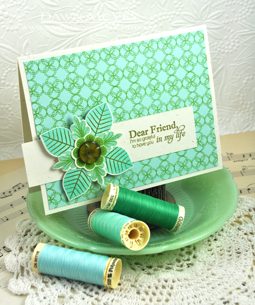 Paper: rustic cream, aqua mist<br />
Stamps: Background Basics: Needlepoint, Delightful Dahlia...