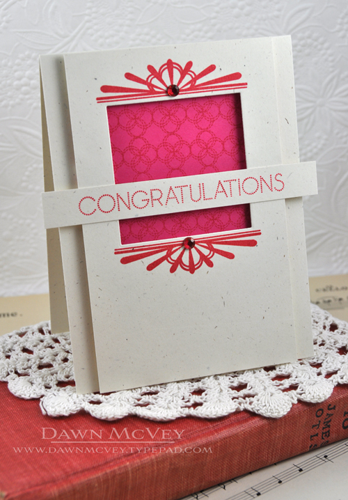 Paper: rustic cream, raspberry fizz<br />
Stamps: Boutique Borders: Congrats, Background...