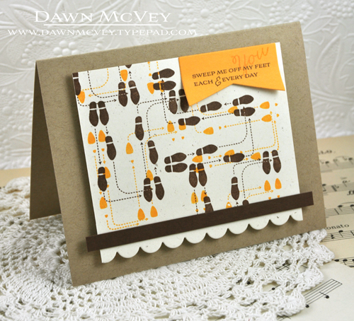 Paper: rustic cream, summer sunrise, kraft, dark chocolate<br />
Stamps: Fancy Footwork<br />...