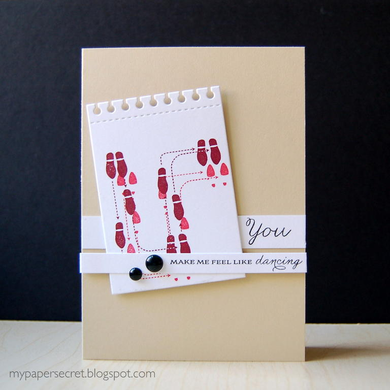 Cardstock: white, fine linen<br />
Stamps: Fancy Footwork<br />
Ink: scarlet jewel, pure...