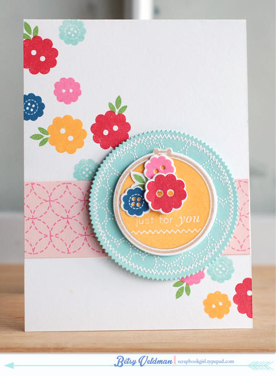 stamps:  stitched with love, bb: needlepoing<br />
ink:  pure poppy, hibiscus, aqua mist,...