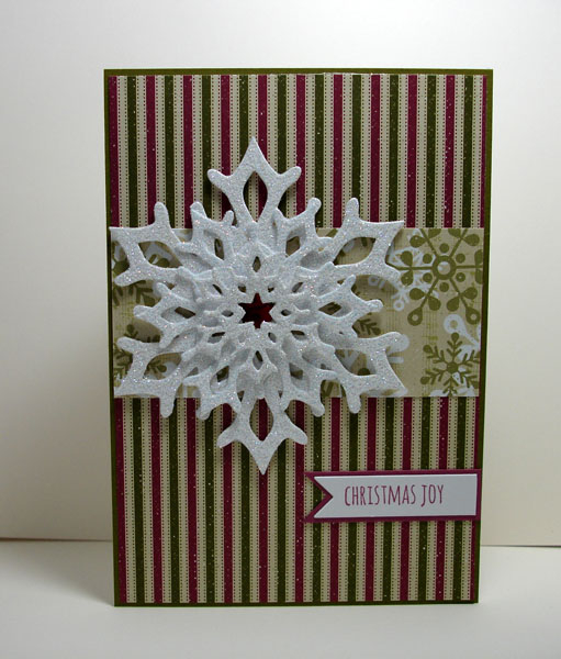 Three graduated Fancy Flakes die cut, glittered and layered. I put a Cloud 9 red rain drop...