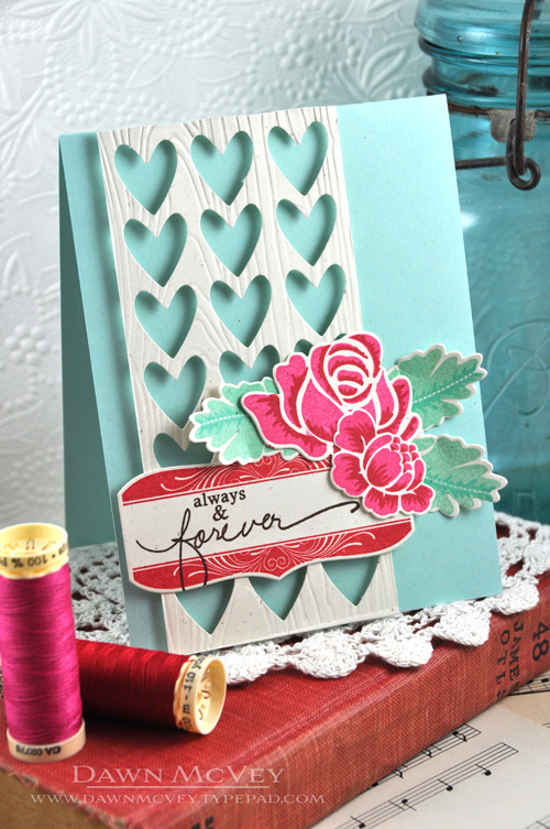 Paper: rustic cream, aqua mist<br />
Stamps: Boutique Borders: Valentine, Rosie Posie, Rosie...