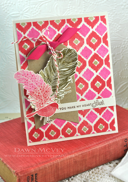 Paper: rustic cream, kraft<br />
Stamps: Feather Finery, Irresistable Ikat<br />
Ink:...