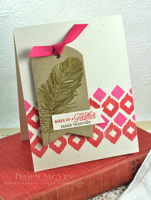 Paper: rustic cream, kraft<br />
Stamps: Feather Finery, Irresistible Ikat<br />
Ink:...