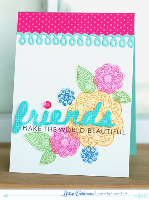 stamps:  wonderful words: friends, doodlie-do<br />
ink:  enchanted evening, spring rain,...