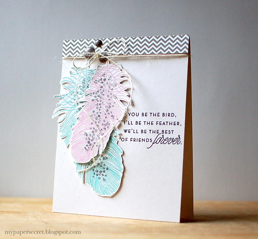 Cardstock: rustic white<br />
Patterned paper: Simple Stories (6x6 pad)<br />
Stamps: Feather...