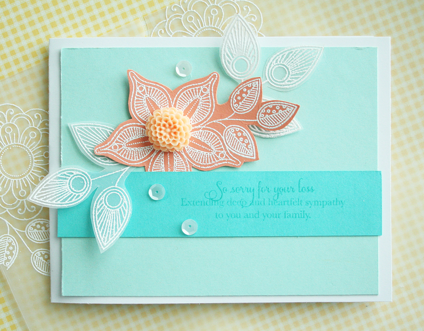STAMPS: Words of Comfort, Doodlie-Do<br />
INK: Versamark<br />
PAPER: Aqua Mist, Hawaiian...