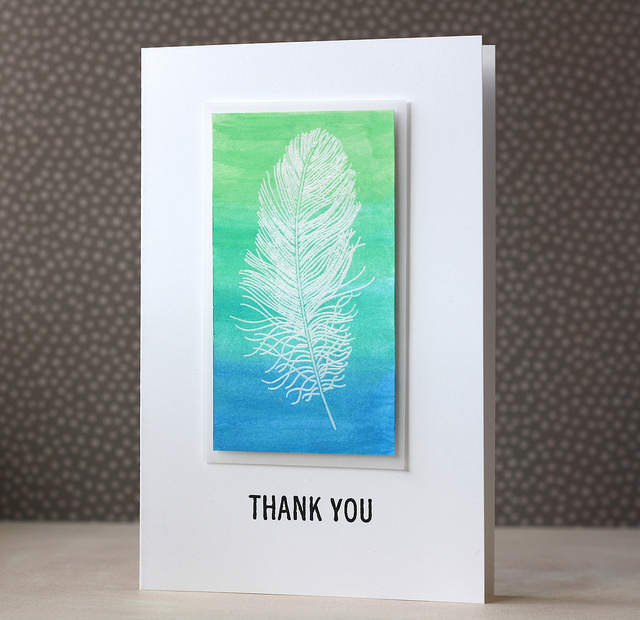 cardstock: stamper&#039;s select white<br />
ink: true black, versamark<br />
stamps: feather...