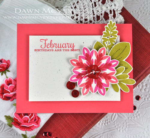Paper: rustic cream, berry sorbet<br />
Stamps: Birthday Classics: February, Leave It Be, Round...