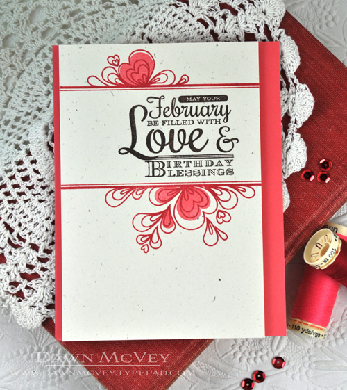 Paper: rustic cream, berry sorbet<br />
Stamps: Birthday Classics: February, Quilled...