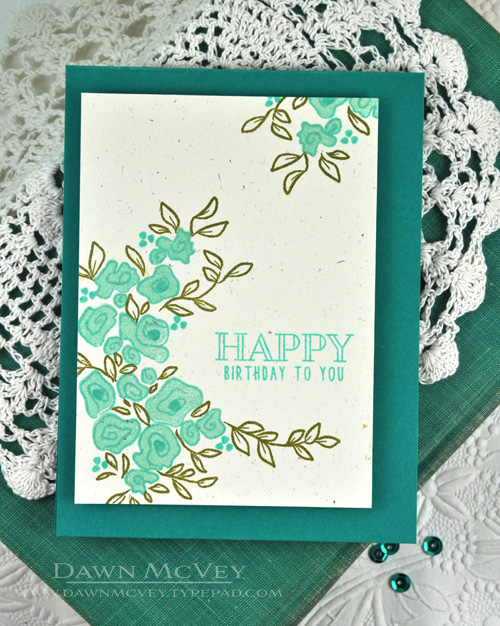 Paper: rustic cream, tropical teal<br />
Stamps: Garden Grace<br />
Ink: hawaiian shores, aqua...