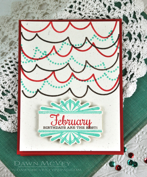 Paper: rustic cream, pure poppy<br />
Stamps: Birthday Classics: February, Boutique Borders:...