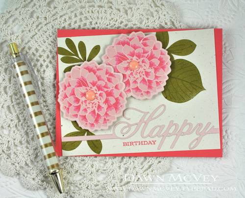 Paper: rustic cream, berry sorbet, sweet blush<br />
Stamps: Leave It Be, Delightful Dahlia...