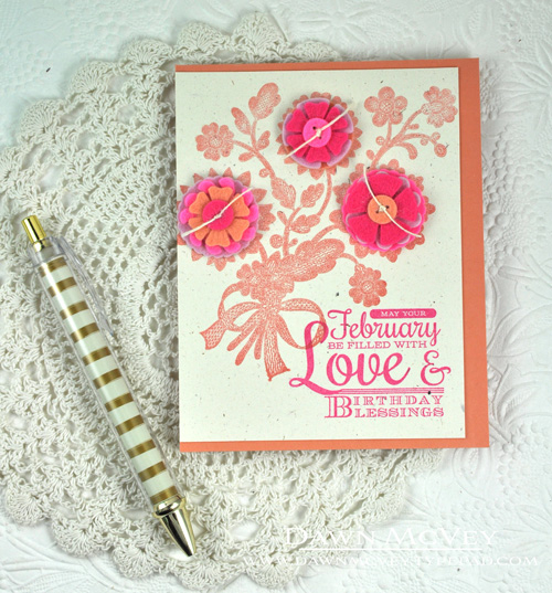 Paper: rustic cream, melon berry<br />
Stamps: Birthday Classics: February, Lace Bouquet<br />...