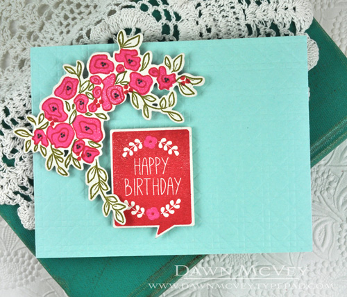 Paper: rustic cream, aqua mist<br />
Stamps: Sweet Speech, Garden Grace<br />
Ink: pure poppy,...